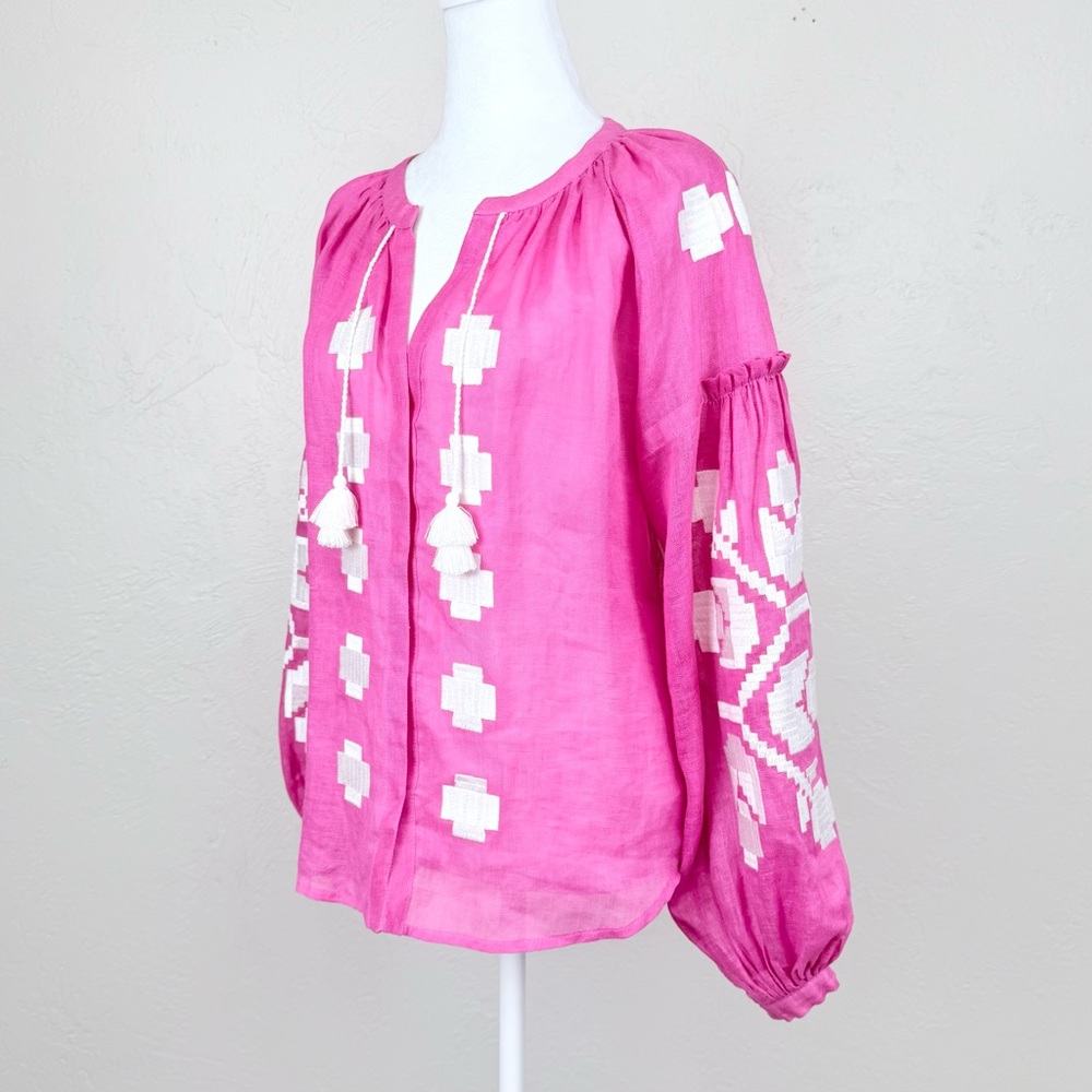 Eleven by March 11 Linen Tassel Embroidered Boho Top in Pink & White Size S - Picture 3 of 13